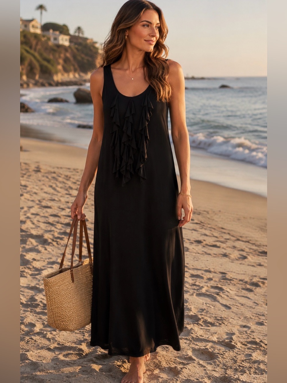 GUESS Black Ruffle Front Maxi Dress – Women’s Large